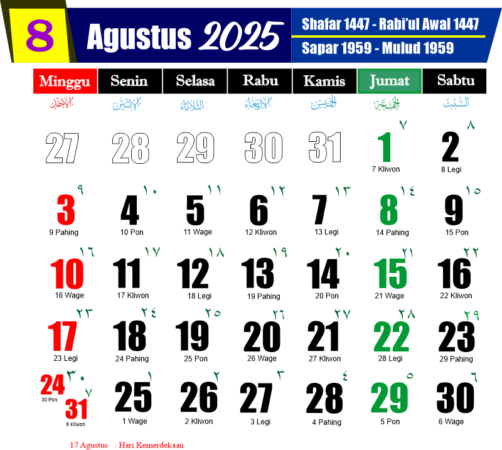 Kalender Agustus 2025 Lengkap dengan Hijriyah,Simak Jadwal Puasa Ayyamul Bidh